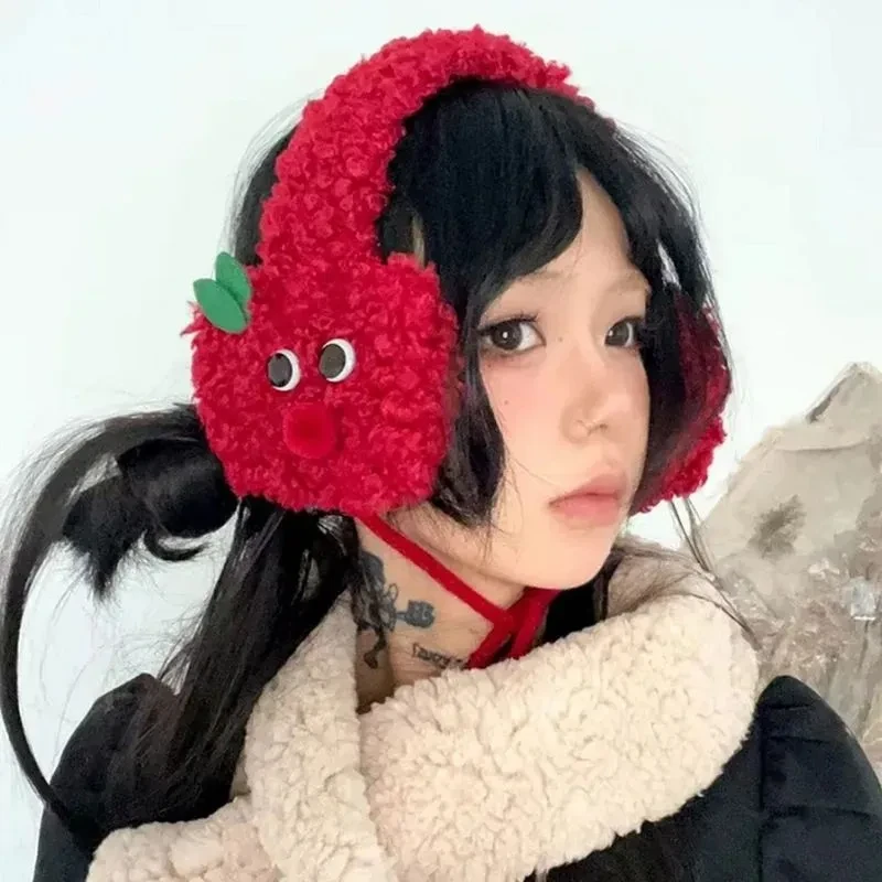 Cute Apple Shape Design Red Plush Earmuffs For Women Autumn And Winter Warm Ear Protection Fashion Versatile Straps Hairband