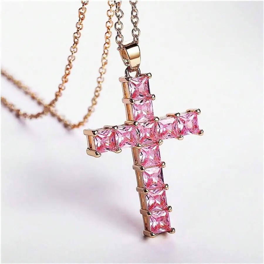 New Fashion Necklaces for Women Gold Multi-Color Crystal Jesus Cross Pendant Necklace