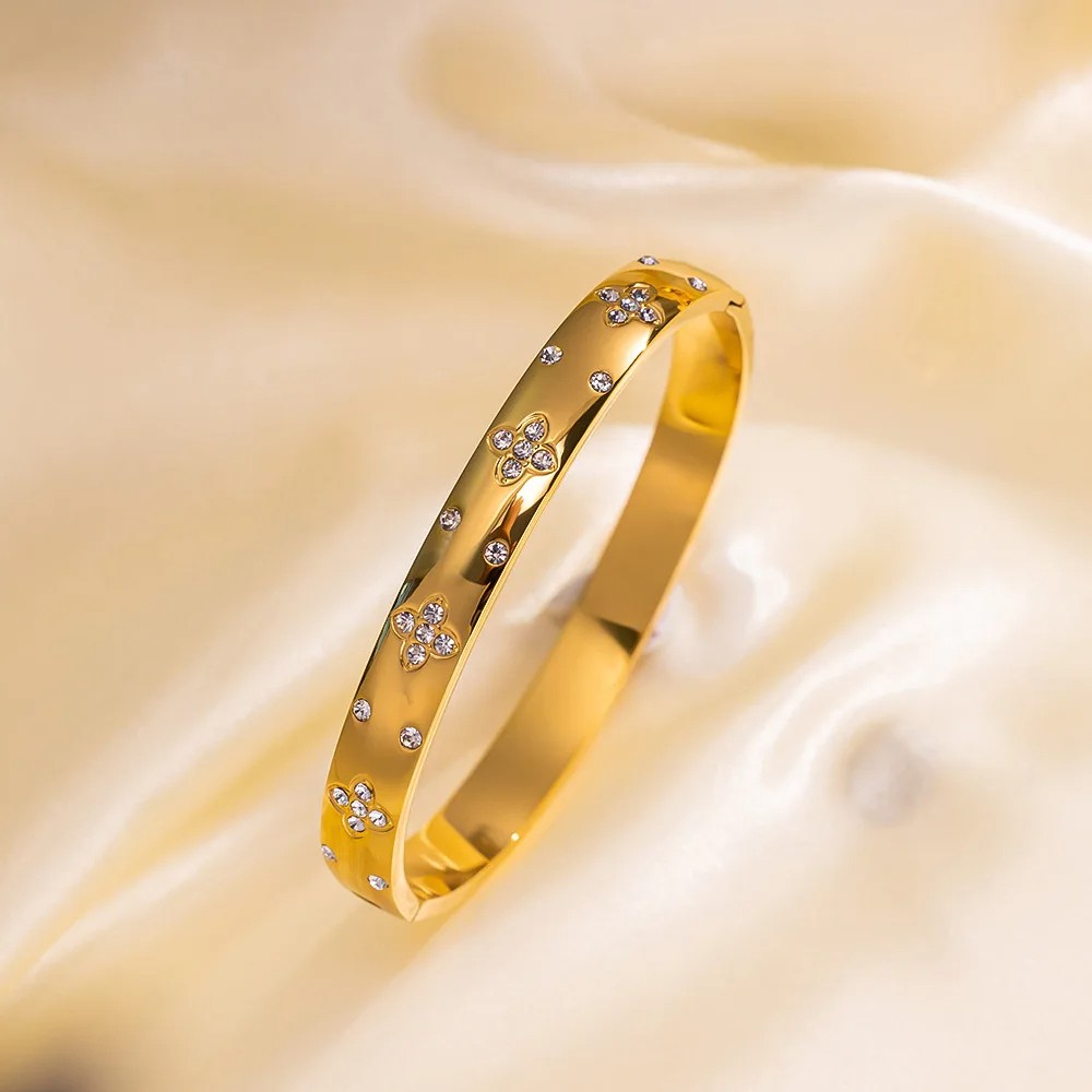 Stainless Steel Bangles Bracelet for Women Fashion Jewelry with Zirconia Flower Design