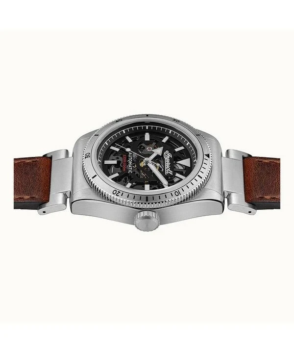 Ingersoll The Scovill Brown Leather Strap Black Skeleton Dial Automatic I13901 100M Mens Watch