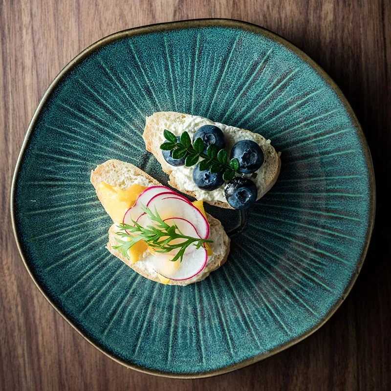 Retro Western Food Household Ceramic Oak Shallow Plate Restaurant