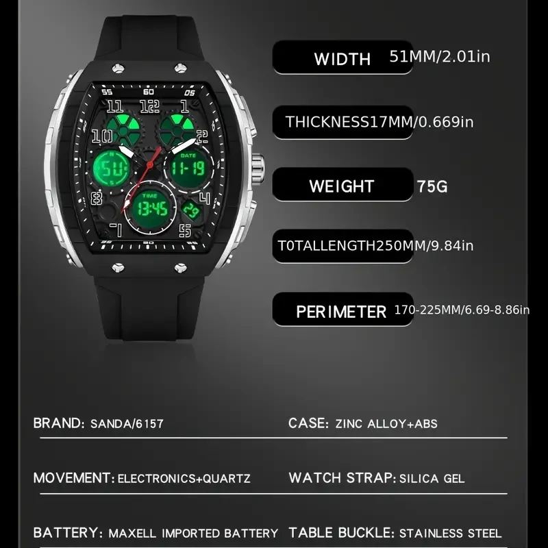 SANDA Men's Fashion Casual Sports Waterproof Dual Display Square Watches