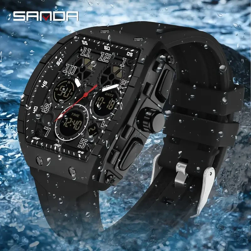 SANDA Men's Fashion Casual Sports Waterproof Dual Display Square Watches