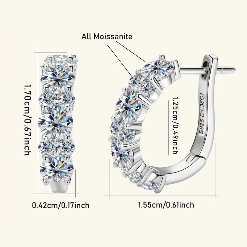 1 Pair Elegant 925 Sterling Silver Hoop Earrings with 4mm*8pcs & 2mm*12pcs Synthetic Moissanite Stones