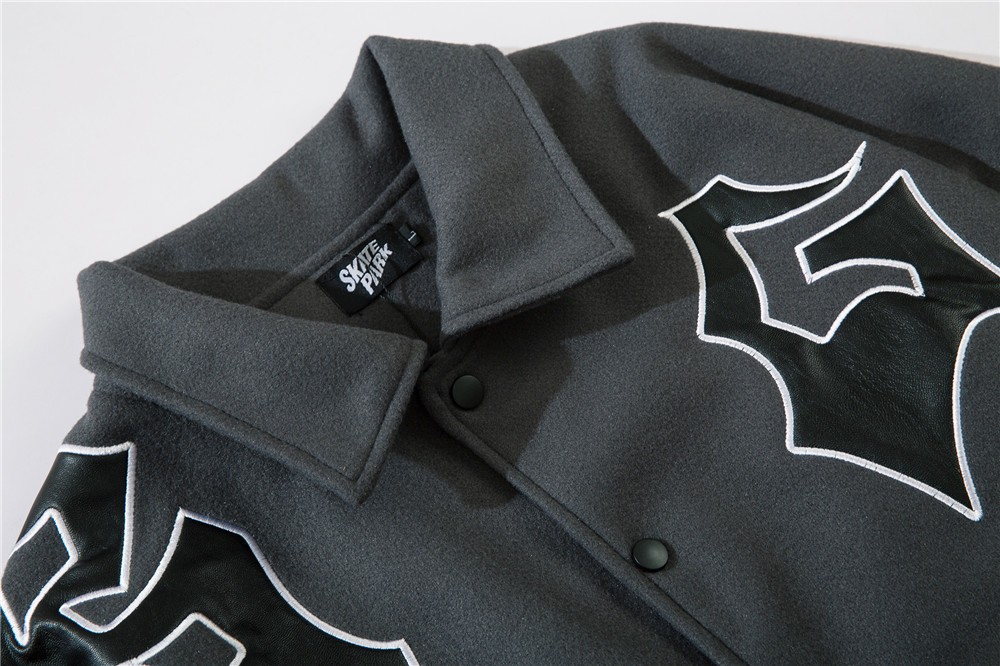 Men's Embroidered Letters PU Leather Sleeve Stitching Baseball Uniform