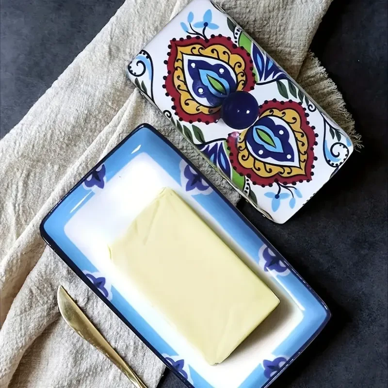 1 Set of Hand-Painted Ceramic Butter Dish with Lid