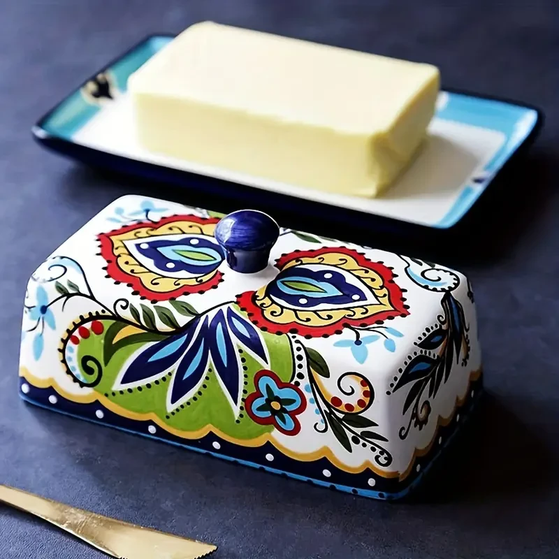 1 Set of Hand-Painted Ceramic Butter Dish with Lid