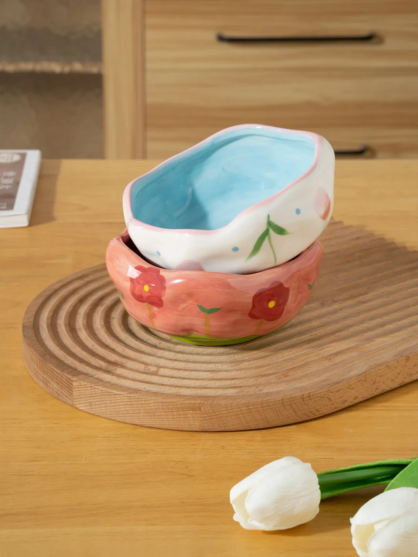 Irregular Hand Drawn Flowers Print Household Ceramic Bowl