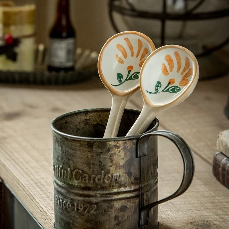 Home Ceramic Retro Hand-painted Cute Long Spoon