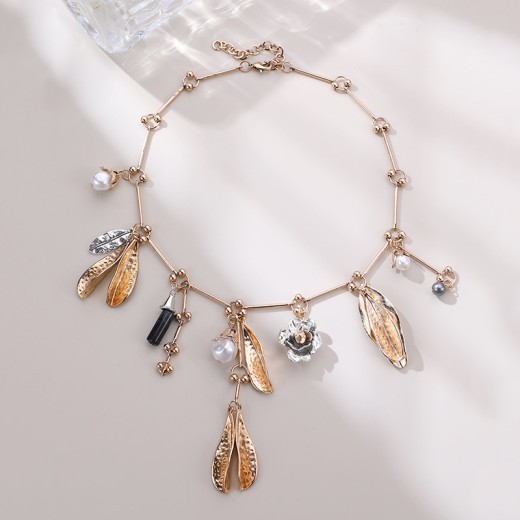 Vintage Pearl Leaves Flower Multi-pendant Necklace