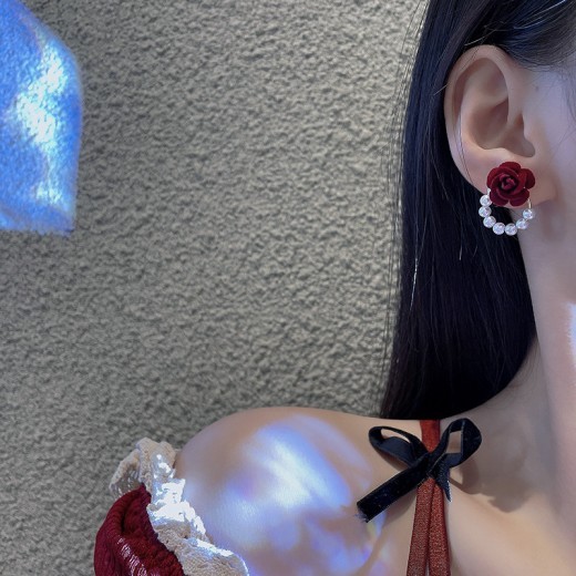 Silver Pin Flocking Wine Red Rose Earrings