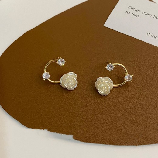 White Rose Rhinestone Silver Stud Earrings Simple French