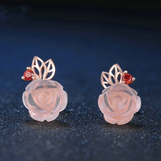 S925 Sterling Silver Rose flower Pink Crystal Stud Earrings