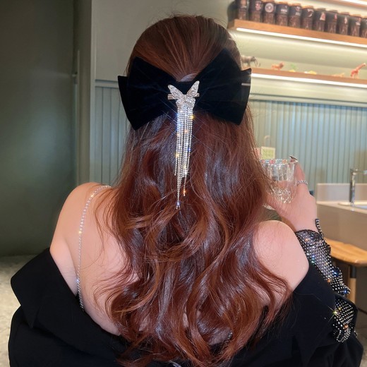 High-end Light Luxury Black Velvet Bow Tassel Hair Clip