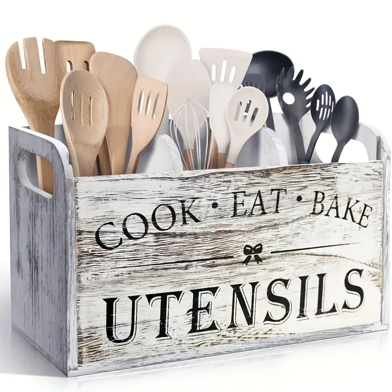 Rustic Wooden Kitchen Utensil Holder