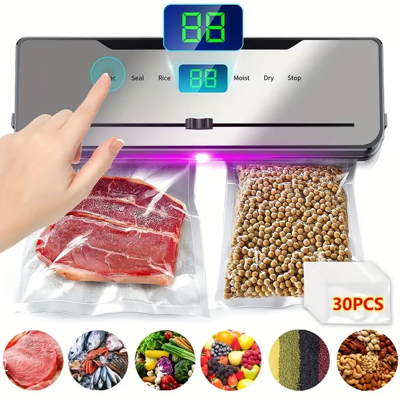 Electric Food Vacuum Sealer Automatic Dry Wet Sealing Packaging Machine With Built-in Cutter+30 Storage Bags