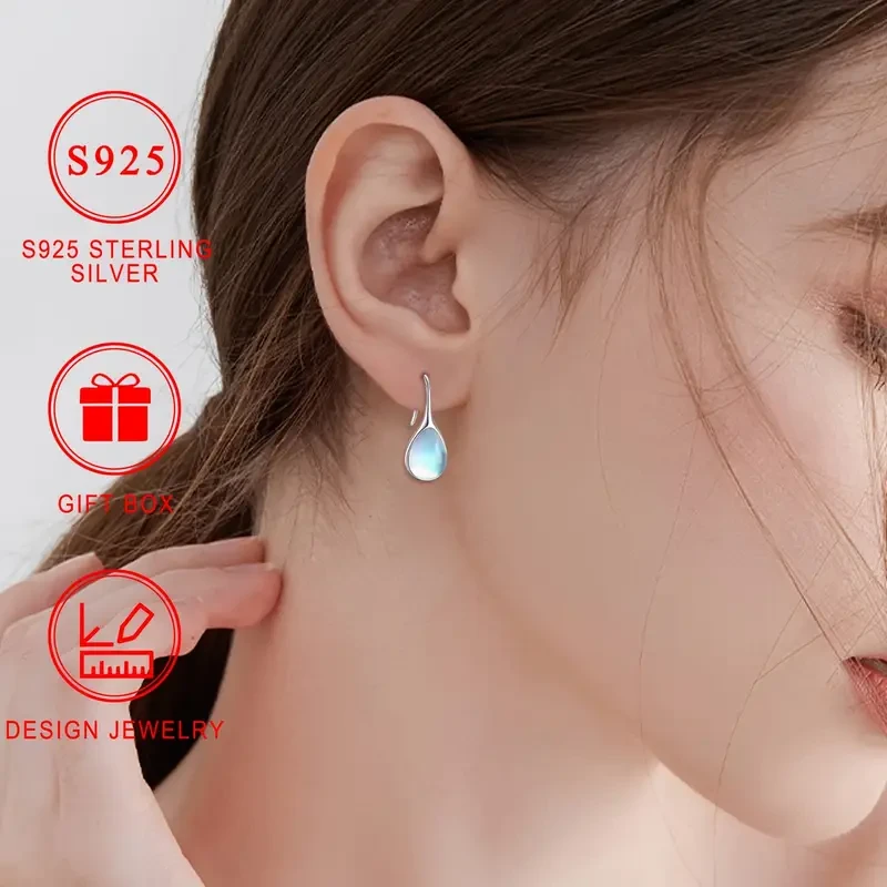 1 Pair Elegant 925 Sterling Silver Teardrop Faux Moonstone Earrings
