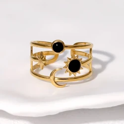 1pc Womens Adjustable Open Ring  Minimalist Stainless Steel Bangle with Sun, Star & Moon Charms | Elegant, Durable Jewelry for Everyday & Formal Wear in NZ