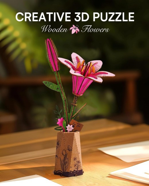 ROBOTIME 3D Puzzle Flowers Wooden Model Kits For Adults DIY Artificial Flowers Home Decor Living Room Office Gifts For Women Men Teens