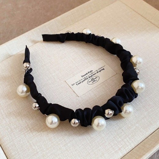 Diamond Black Flocking Pearl Headband Retro