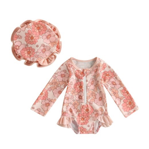 Girl's Swimsuit Flower Strawberry Print Long Sleeve Triangle One-piece