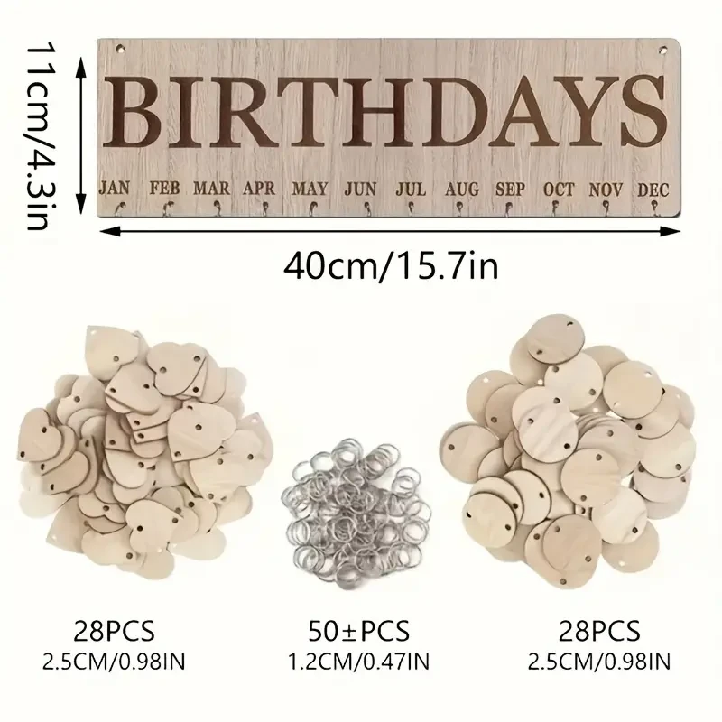Wooden Birthday Calendar Hanging Sign with 50+ Customizable Hearts