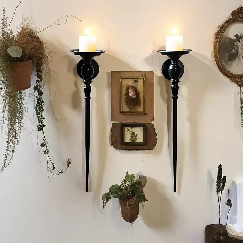 Set of 2 Vintage Black Staff Candle Holders