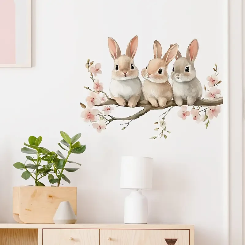 3D Art Deco Bunny Wall Stickers with Pink Flowers
