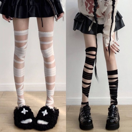Black And White Bandage Long Tube Silk JK Uniform Cross Strap Over The Knee Stockings Stockings