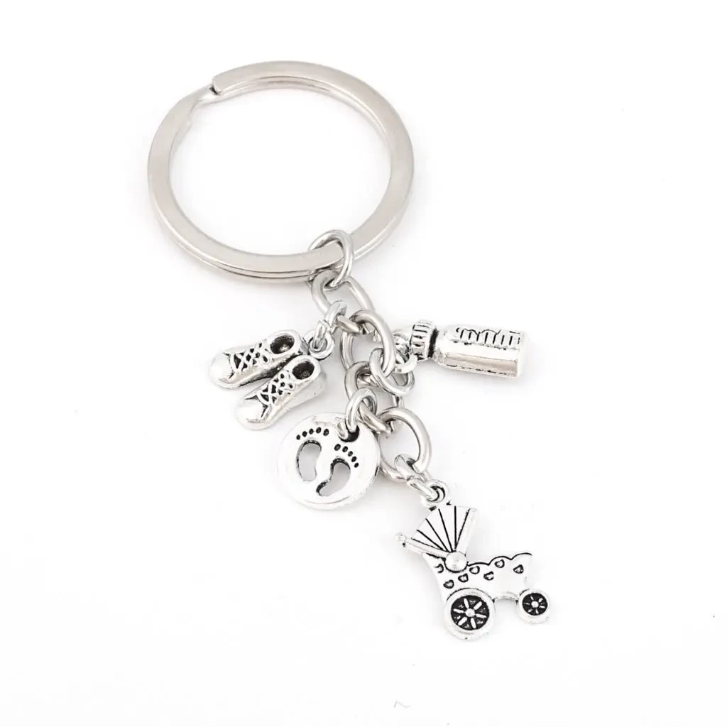 Stroller Baby Bottle Footprint New Mother's Memorial Keychain