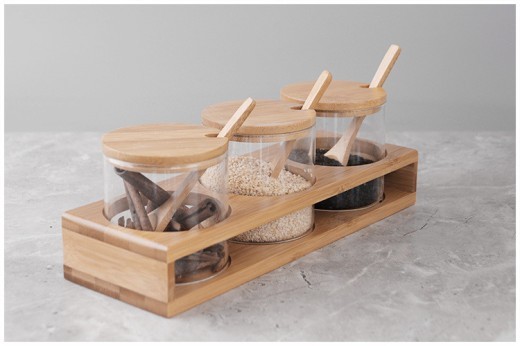 Household Kitchen Glass Seasoning Box Bamboo Lid Seasoning Bottle