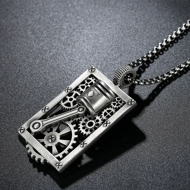 Cutout Square Gear Piston Pendant Necklace