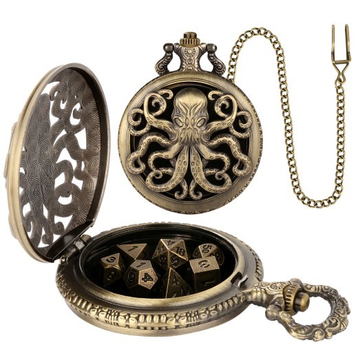 Thick Chain Octopus Symmetrical Pocket Watch Set And Mini DND Dice Set, Equipped With 7 Game Polyhedral Metal Dice Dragons And Dungeon Tabletop Role-playing Game Dice