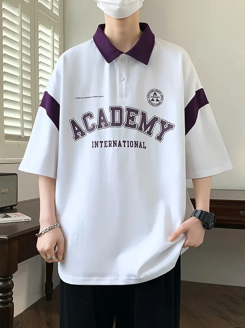 Men's Loose Color Matching ACADEMY Print Golf Shirt