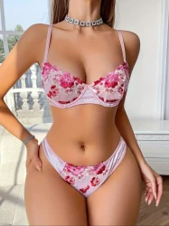 Beautiful Floral Embroidery Sexy Set  Sweet Style Double-Layer Underwire Bra and Panties | Elegant, Comfortable Intimates for Women
