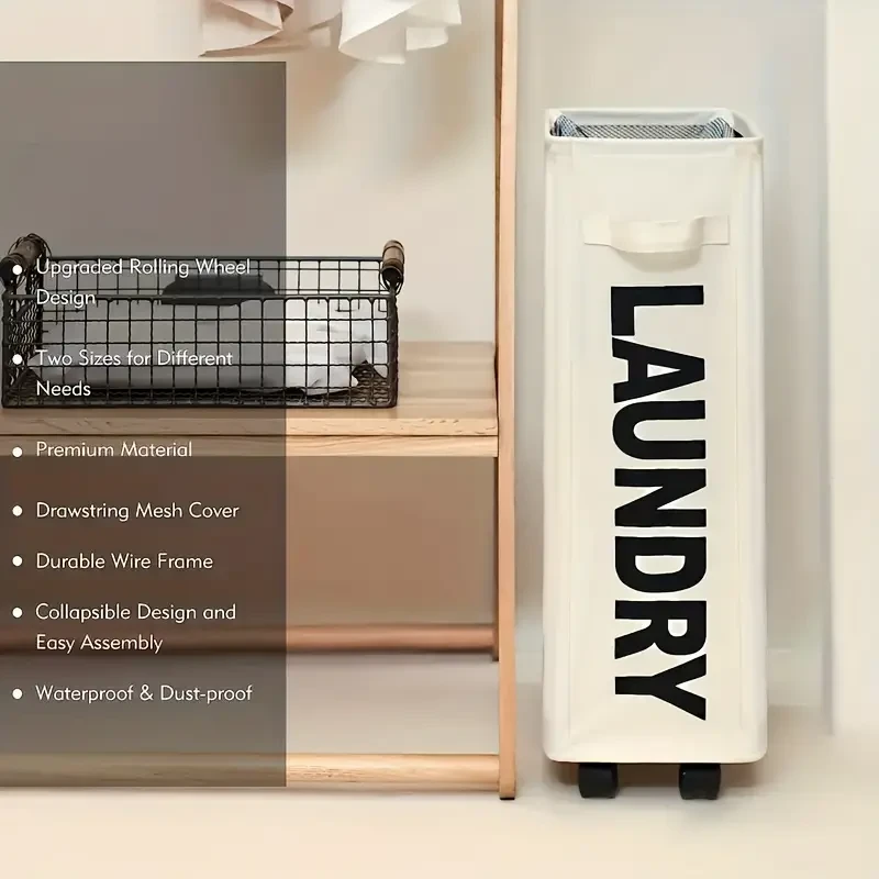 Narrow Slim Laundry Basket – Collapsible Hamper with Wheels & Handle