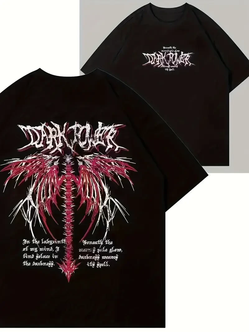 Dark Wing Letter Print Short Sleeve T-shirt, Y2K Crew Neck Top for Spring & Summer  Women's Casual Gothic Clothing