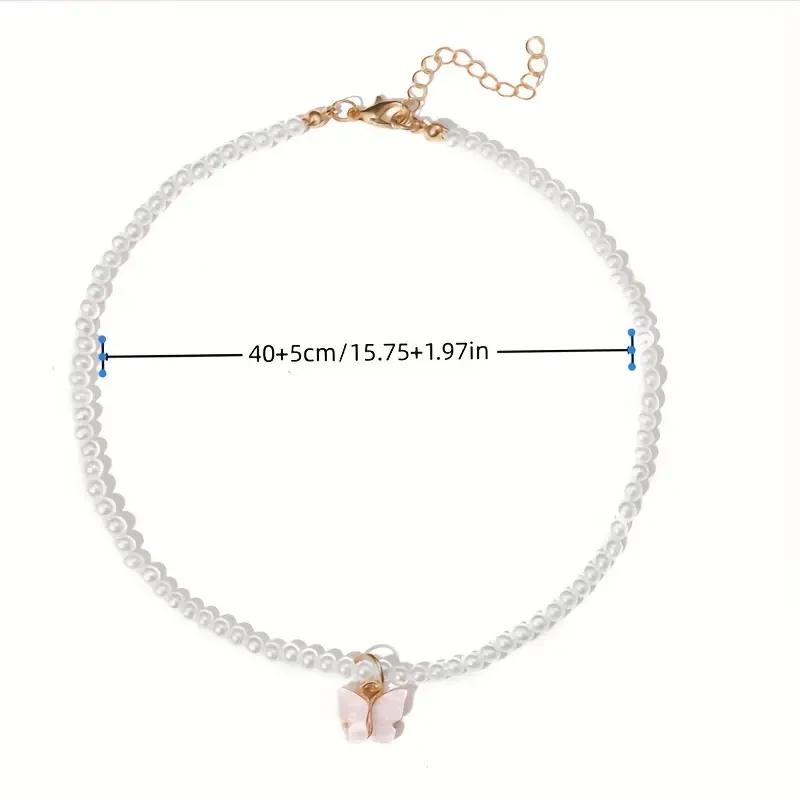 Elegant Women's Faux Pearl Necklace with Pink Butterfly Pendant  Chic Alloy Clavicle Chain, Perfect for Weddings & Everyday Elegance