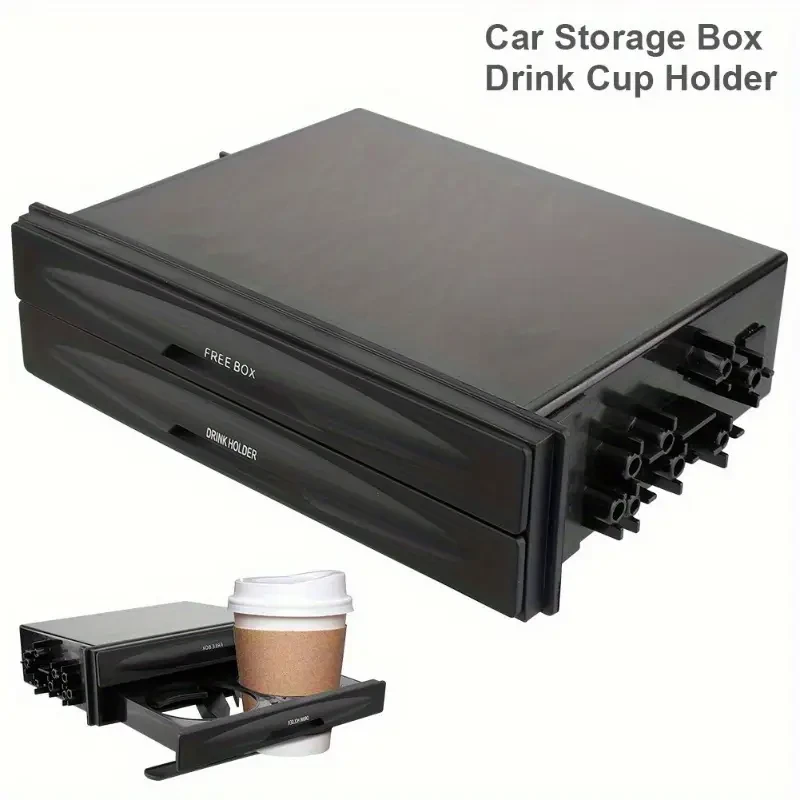 [Black Plastic Car Storage Box]Universal Car Radio Pocket and Drink Holder Organizer Box