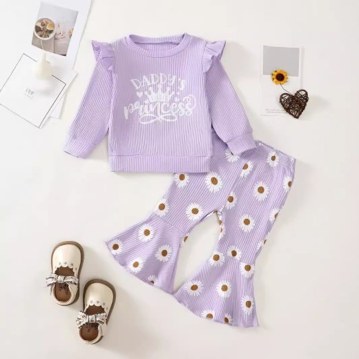 Baby Girl Cute Long Sleeve Sunken Stripe Top Flower Print Trousers Two-piece Set