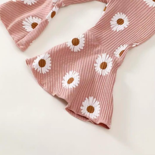 Baby Girl Cute Long Sleeve Sunken Stripe Top Flower Print Trousers Two-piece Set