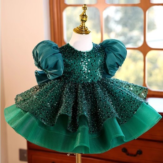 Dark Green Princess Dress Puff Short Sleeve Dress