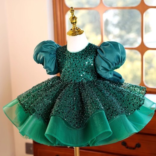 Dark Green Princess Dress Puff Short Sleeve Dress