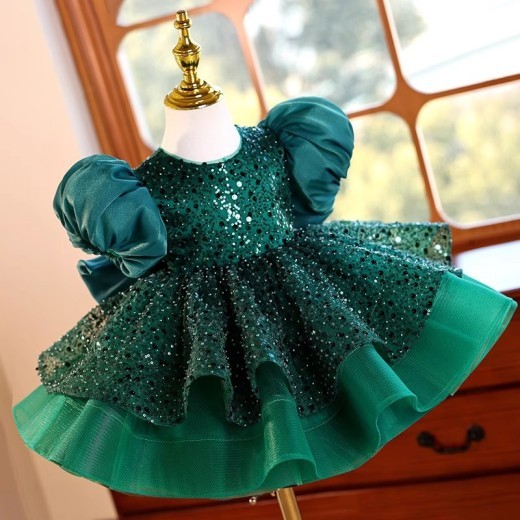 Dark Green Princess Dress Puff Short Sleeve Dress