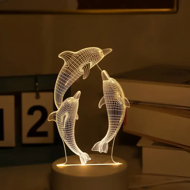 USB 3D Glowing Dolphin Night Light - Ocean Animal Table Lamp for Home Decoration and Gifts