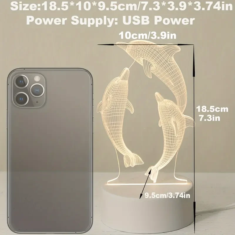 USB 3D Glowing Dolphin Night Light - Ocean Animal Table Lamp for Home Decoration and Gifts