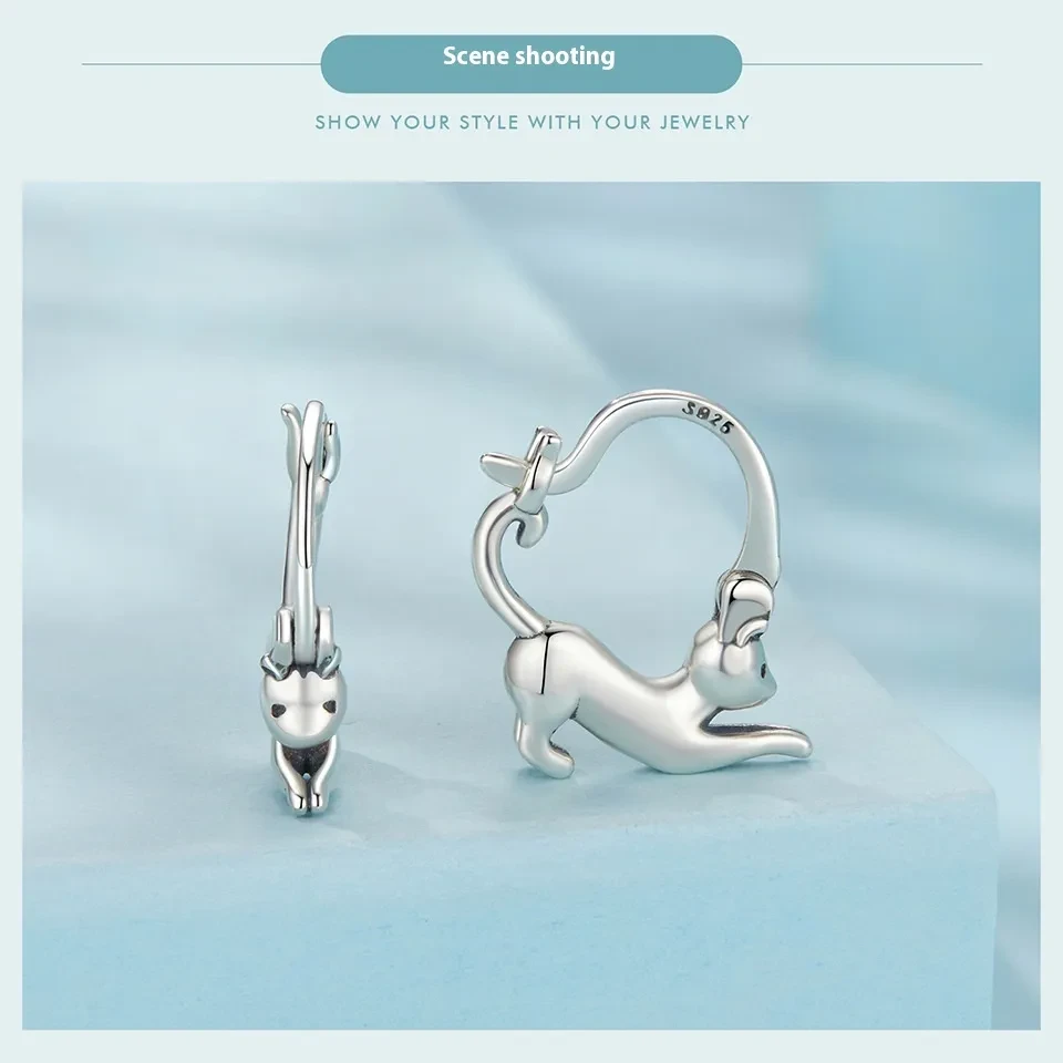 S925 Entire Sterling Silver Kitty Earrings