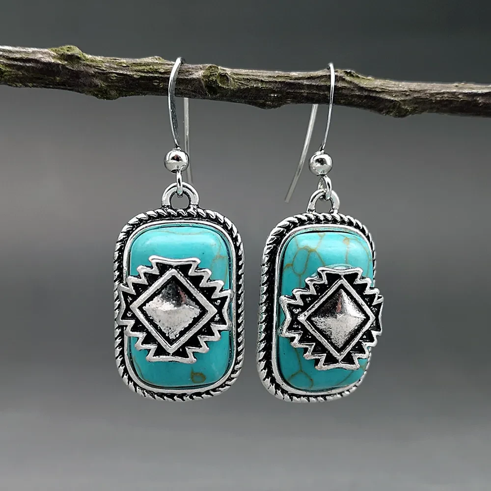 Ethnic Shield Retro Green Turquoise Earrings