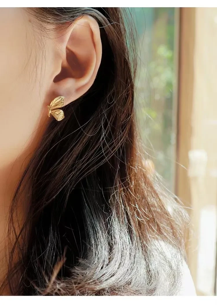 18K Golden Butterfly Ear Studs Yellow Leaf Ear Studs Personalized Minority