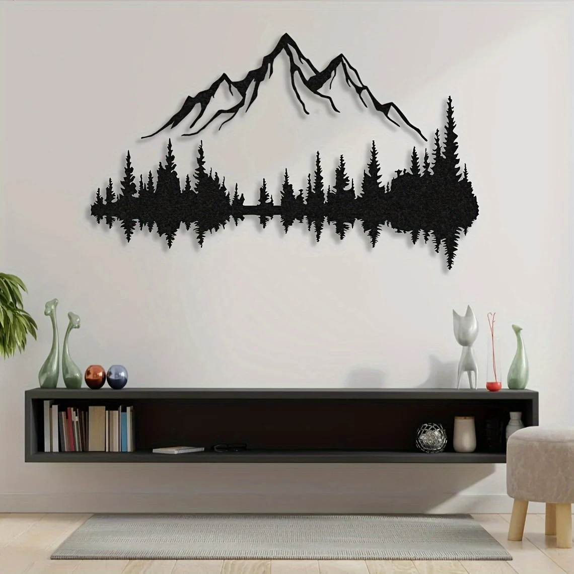 2pcs Mountain & Forest Metal Wall Art | Rustic Mountain Landscape Wall Decor, Large Metal Sculpture for Living Room & Bedroom, Indoor & Outdoor Art (Black, 16'' X 7.1'' / 40 X 18cm)